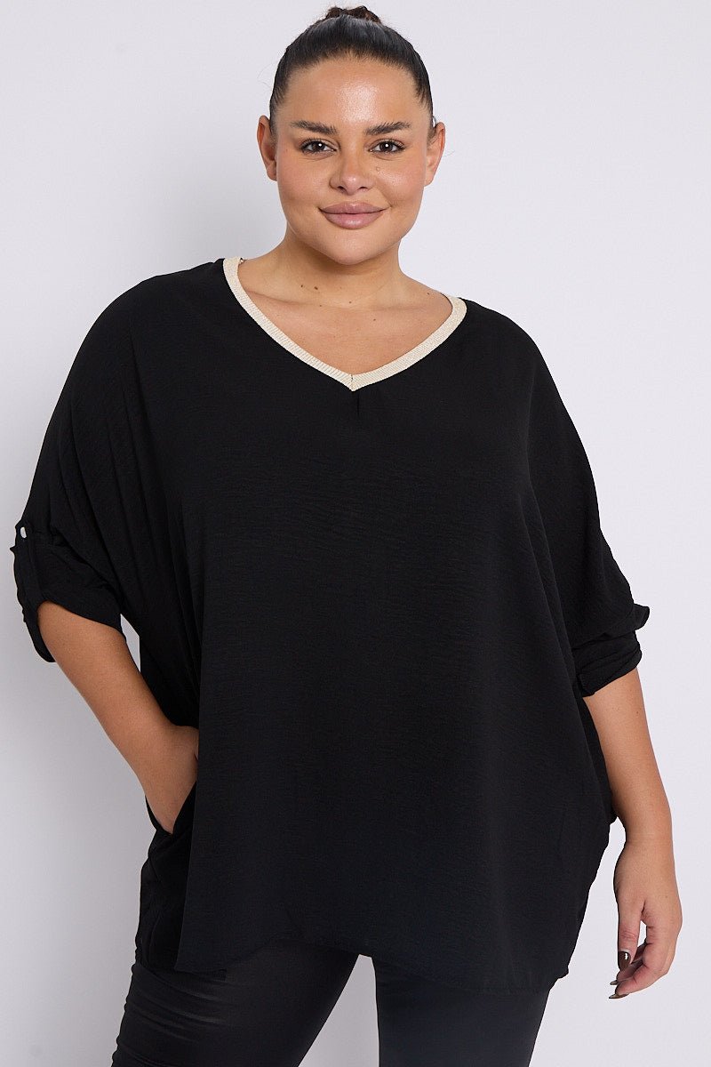 Anya PLUS SIZE Black V Neck Contrast Trim 3/4 Turn Sleeves Top With Pockets - Pinkpie