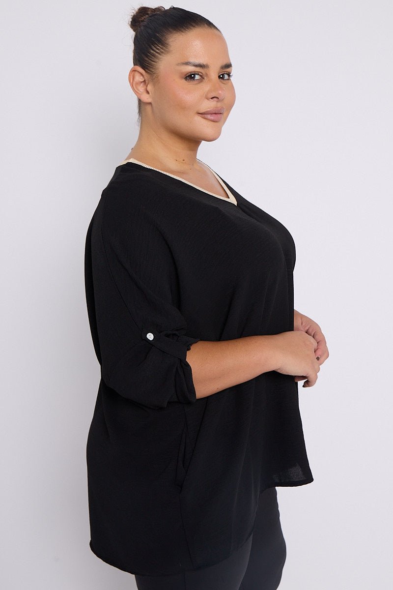 Anya PLUS SIZE Black V Neck Contrast Trim 3/4 Turn Sleeves Top With Pockets - Pinkpie