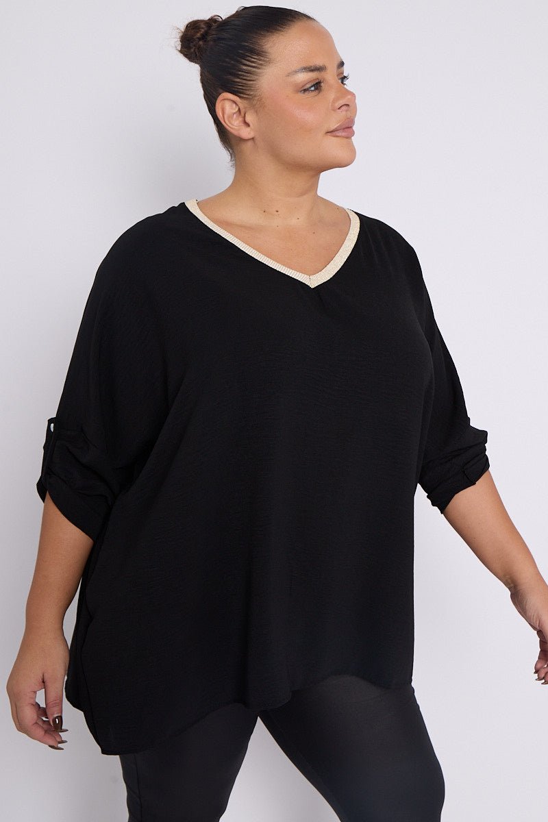 Anya PLUS SIZE Black V Neck Contrast Trim 3/4 Turn Sleeves Top With Pockets - Pinkpie