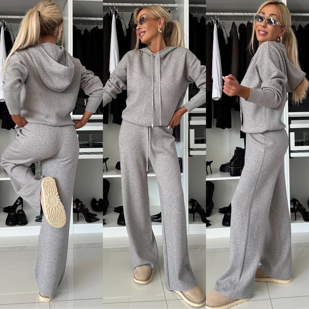 Cila Hooded Long Sleeved Sweatshirt Wide Leg Pants Set - Pinkpie