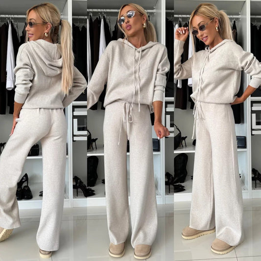 Cila Hooded Long Sleeved Sweatshirt Wide Leg Pants Set - Pinkpie