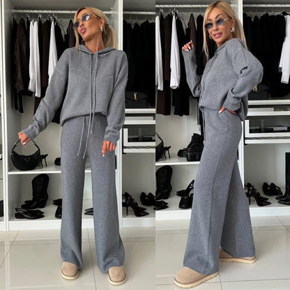 Cila Hooded Long Sleeved Sweatshirt Wide Leg Pants Set - Pinkpie