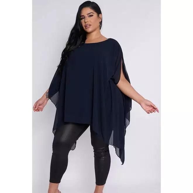 Dahlia Plus Size Navy Sheer Cape Batwing Style Women Top UK Pinkpie