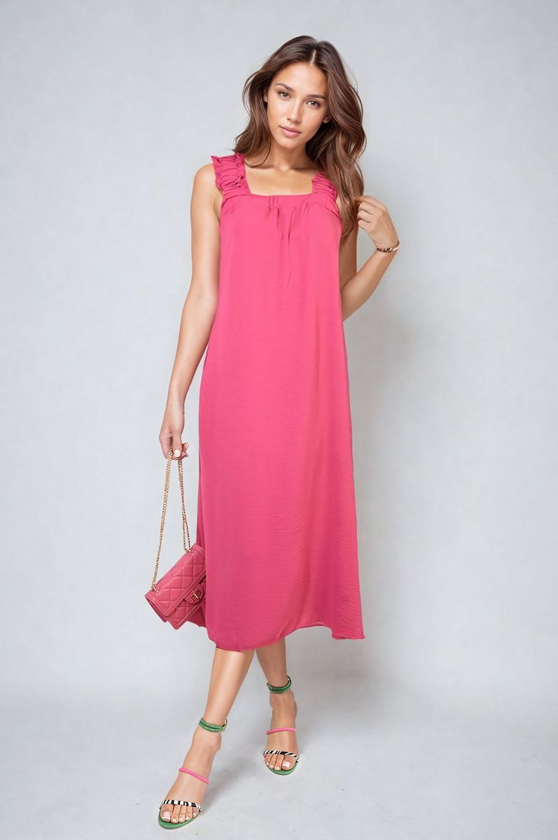 Edith Square Neckline Ruffle Straps Tie Detail Beach Midi Dress - Pinkpie