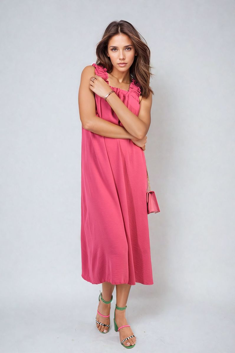 Edith Square Neckline Ruffle Straps Tie Detail Beach Midi Dress - Pinkpie