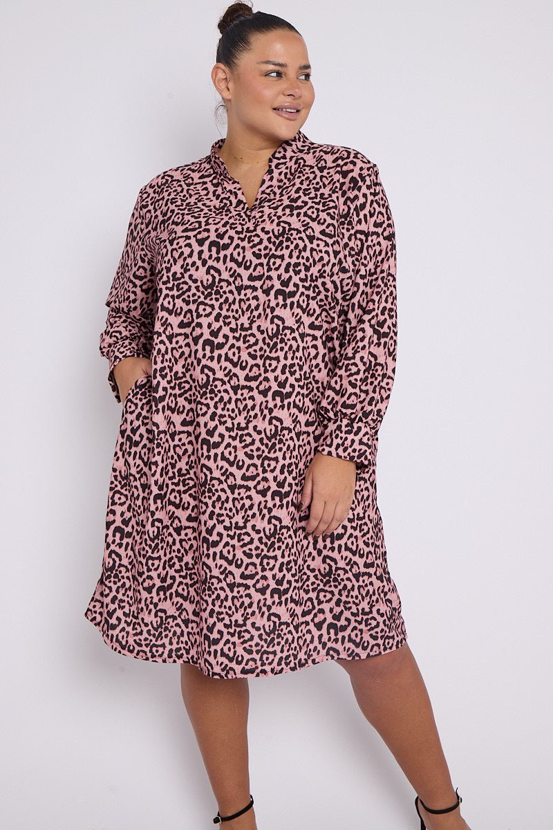 Eliana PLUS SIZE Pink Animal Print Collar Style Dress With Pockets - Pinkpie