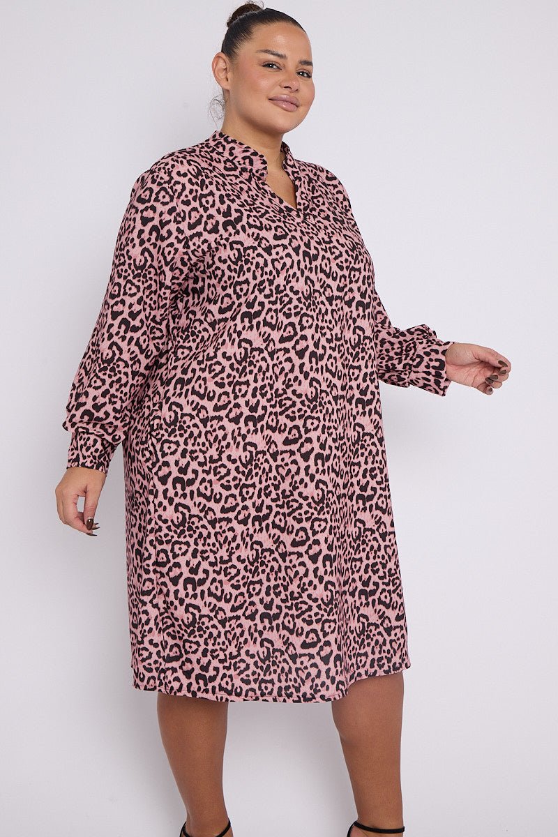 Eliana PLUS SIZE Pink Animal Print Collar Style Dress With Pockets - Pinkpie