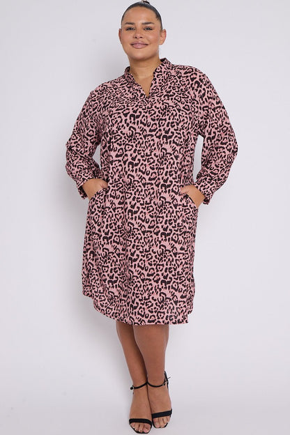 Eliana PLUS SIZE Pink Animal Print Collar Style Dress With Pockets - Pinkpie