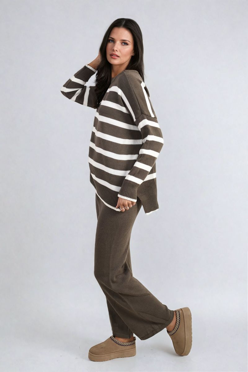 Fatima Knitted Striped Long Sleeve Top and Pants Co - ord Set - Pinkpie