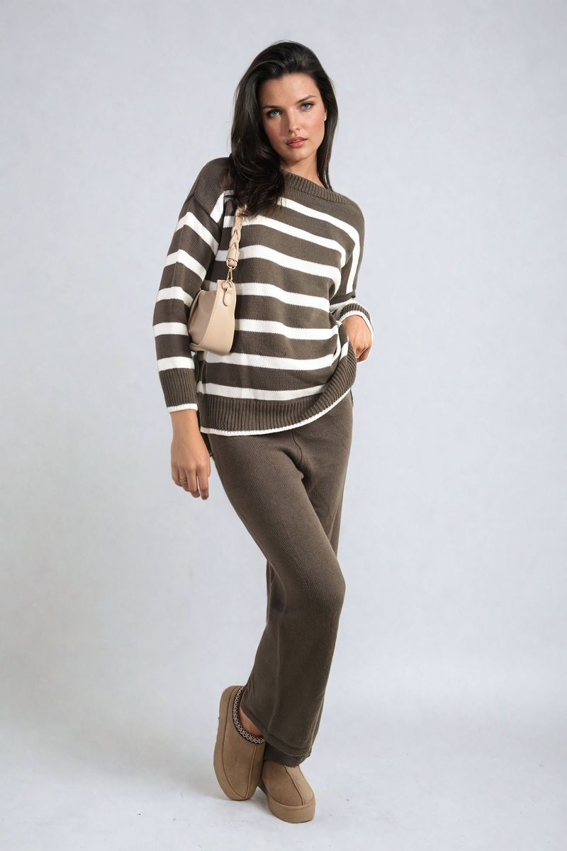 Fatima Knitted Striped Long Sleeve Top and Pants Co - ord Set - Pinkpie