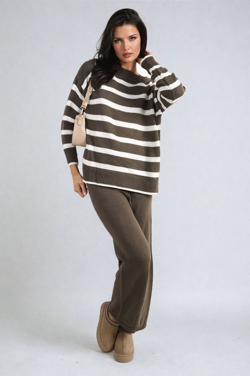 Fatima Knitted Striped Long Sleeve Top and Pants Co - ord Set - Pinkpie