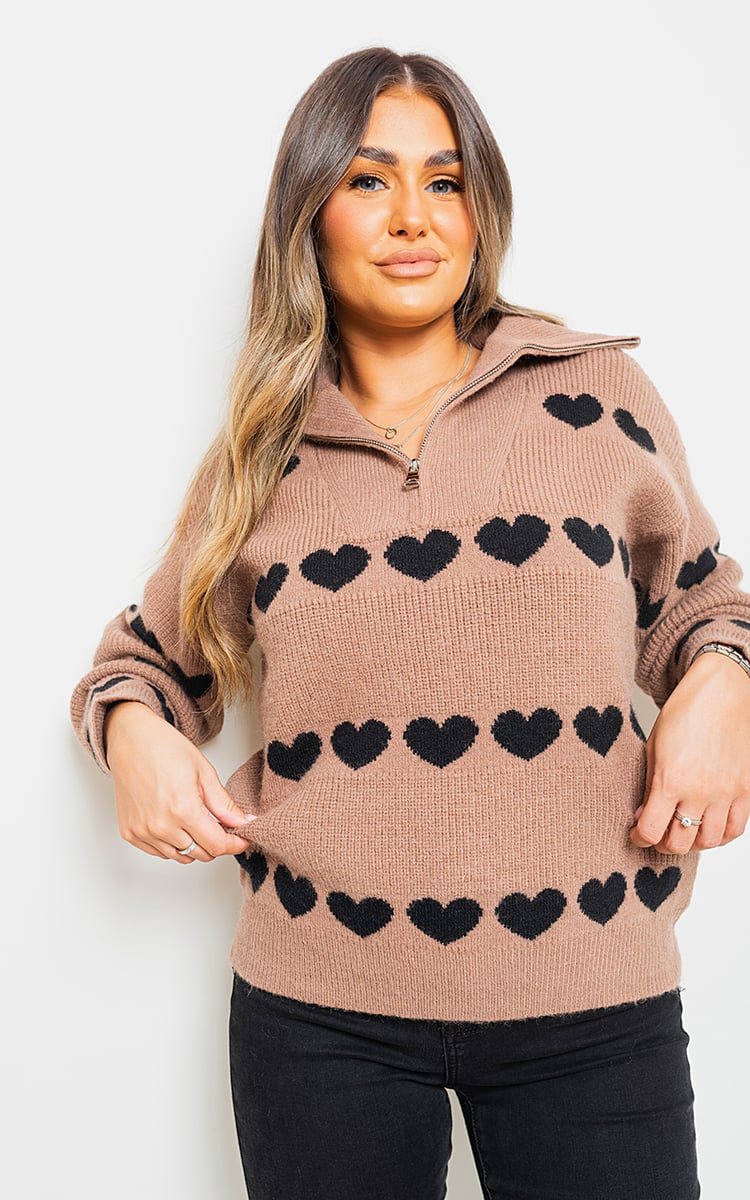 Heart Prints Zip High Neck Knitted Jumper - Pinkpie