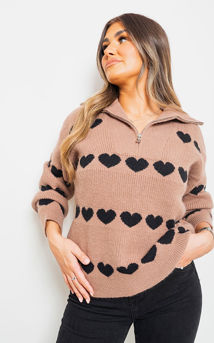 Heart Prints Zip High Neck Knitted Jumper - Pinkpie