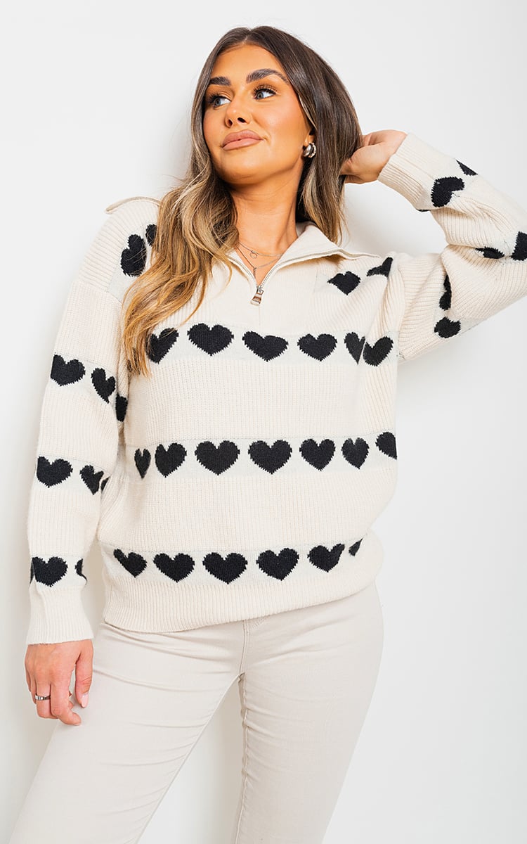 Heart Prints Zip High Neck Knitted Jumper - Pinkpie