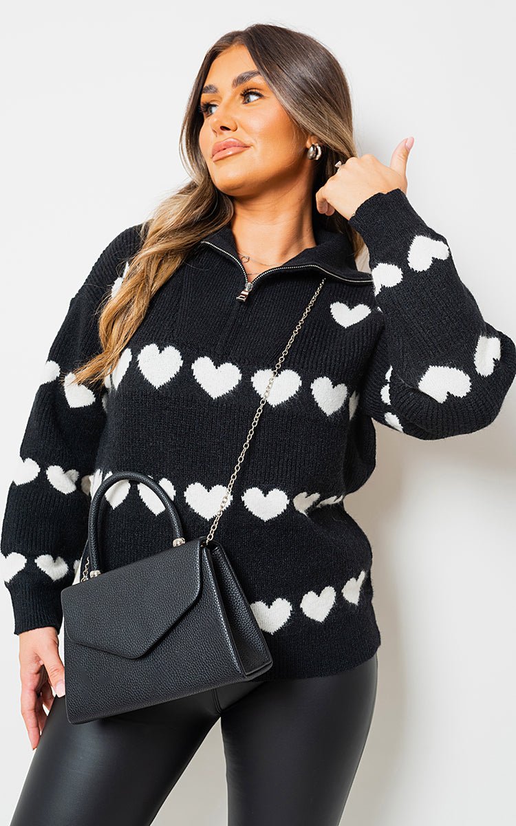 Heart Prints Zip High Neck Knitted Jumper - Pinkpie