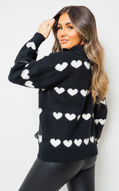 Heart Prints Zip High Neck Knitted Jumper - Pinkpie