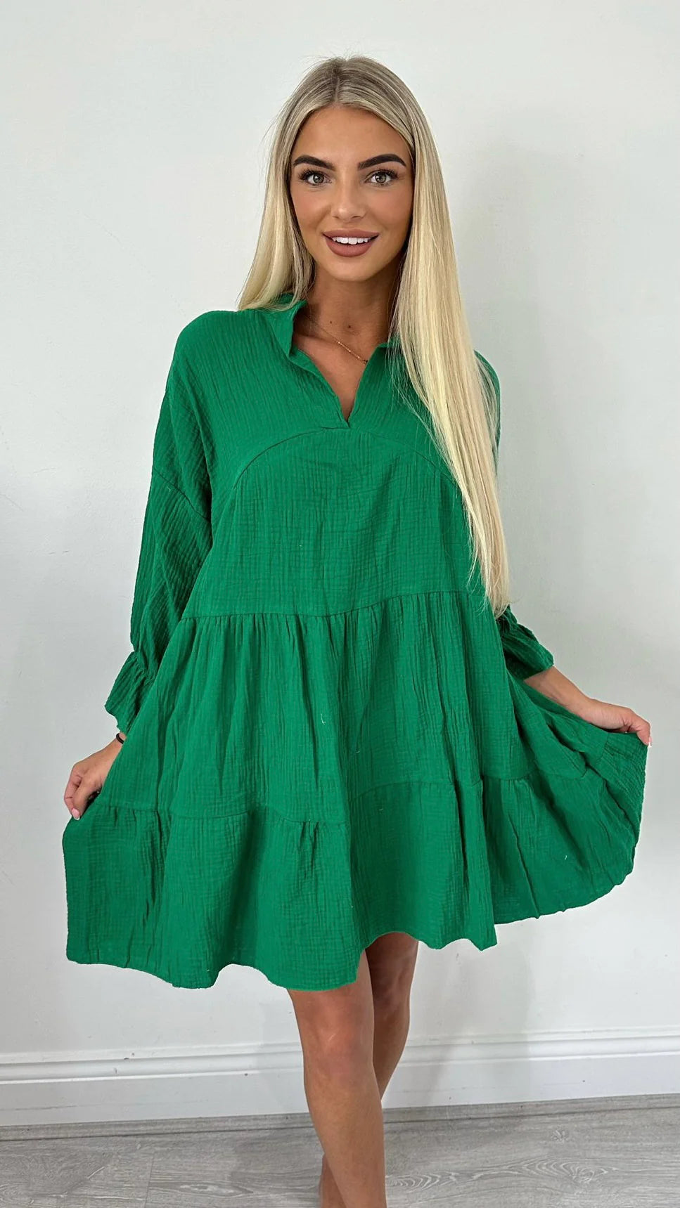 Women Luxurious Green Hazel Cheesecloth Cotton Dress - Pink Pie