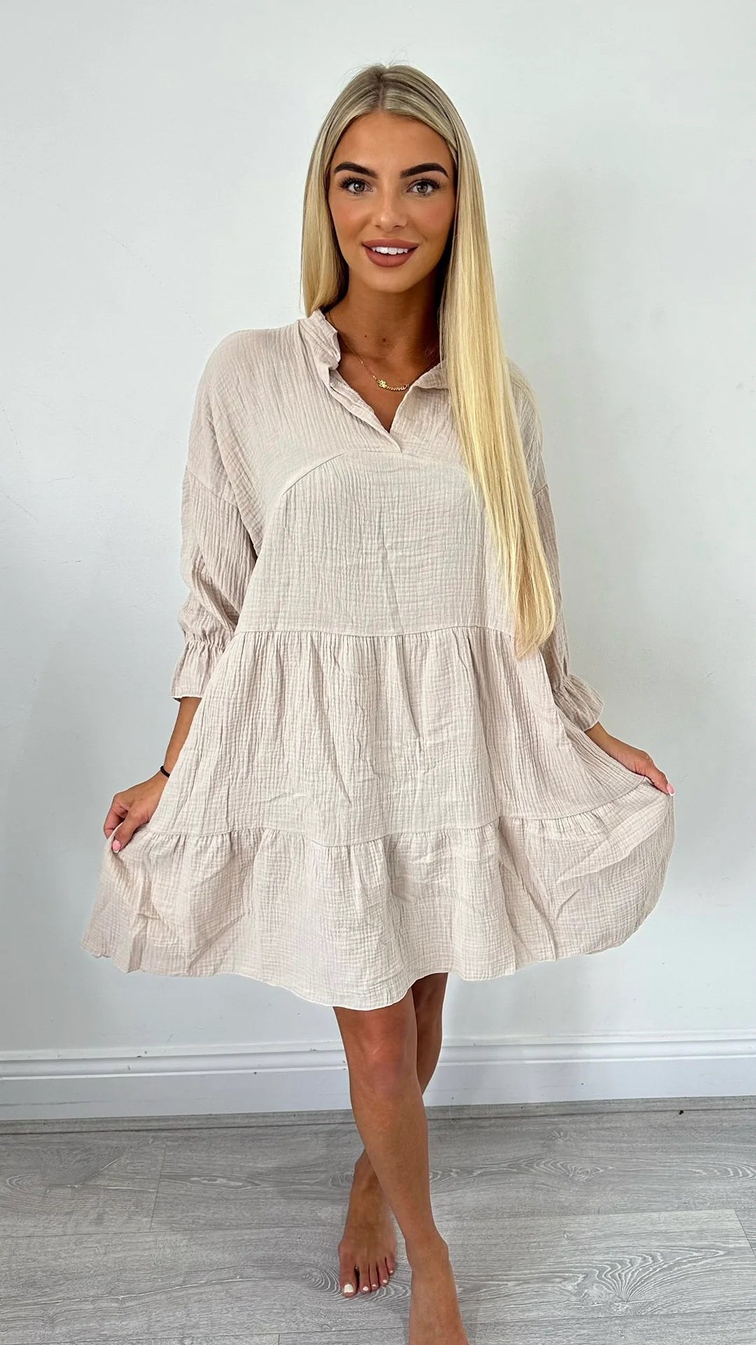 Women Luxurious Beige Hazel Cheesecloth Cotton Dress - Pink Pie