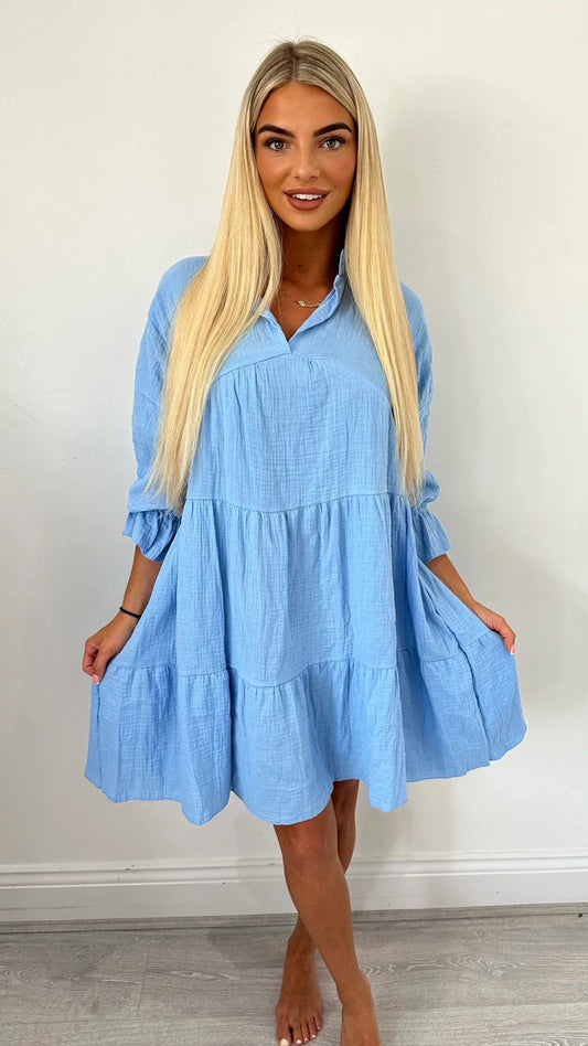 Women Luxurious Light Blue Hazel Cheesecloth Cotton Dress - Pink Pie