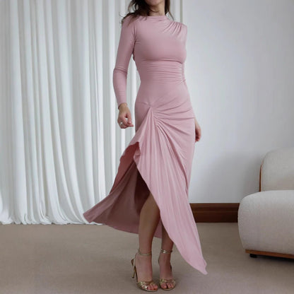 Klara Long - Sleeved Asymmetric Split Dress - Pinkpie