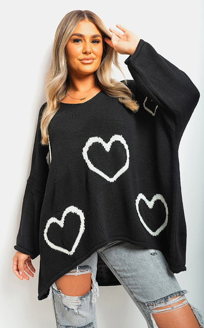 Lailah Knitted Oversized Heart Prints Jumper - Pinkpie