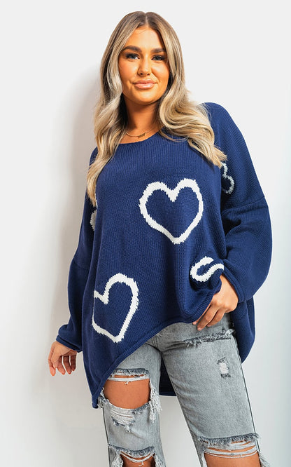 Lailah Knitted Oversized Heart Prints Jumper - Pinkpie