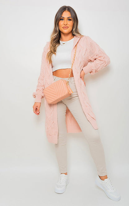 Lara Chunky Cable Knitted Oversized Longline Hooded Cardigan - Pinkpie