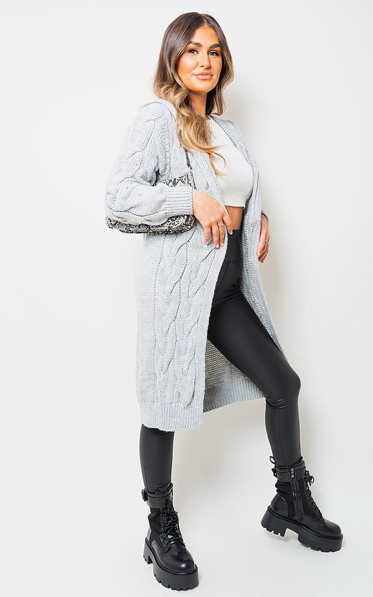 Lara Chunky Cable Knitted Oversized Longline Hooded Cardigan - Pinkpie