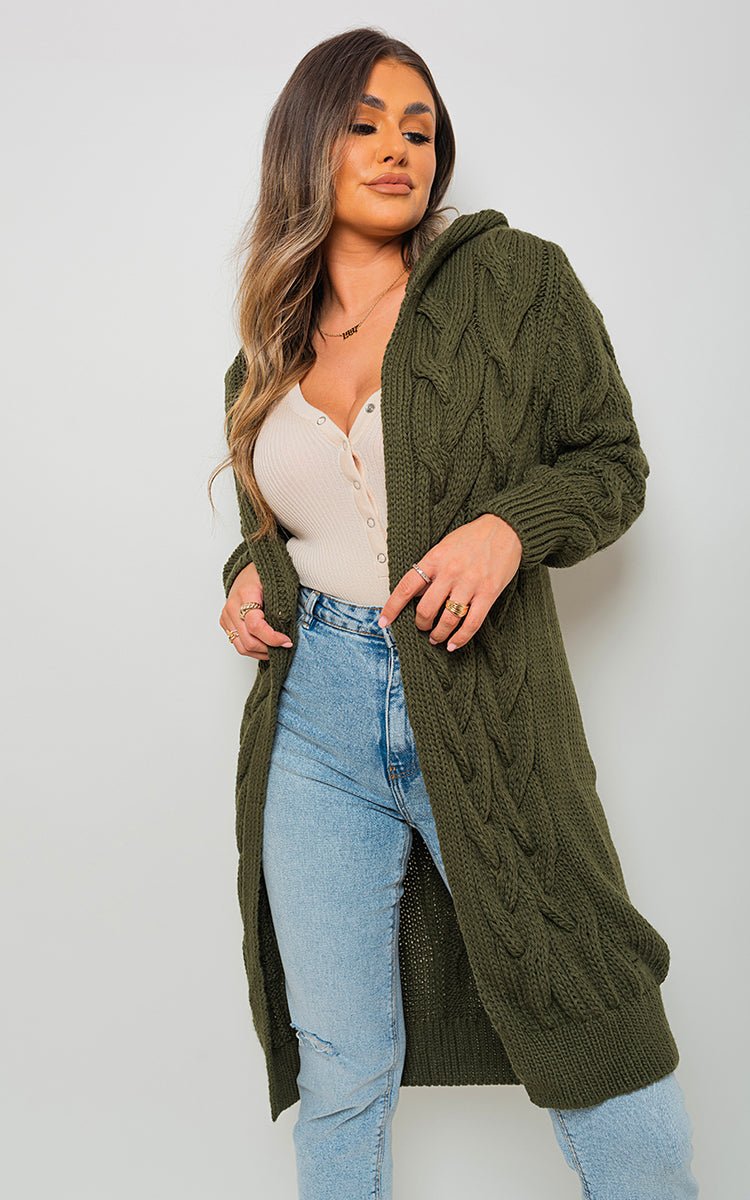 Lara Chunky Cable Knitted Oversized Longline Hooded Cardigan - Pinkpie