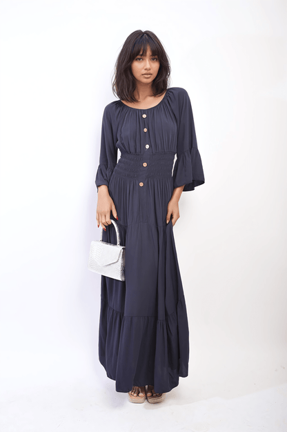 Leah Ruffle Hem Sleeve Shirred Waist Tiered Maxi Dress - Pinkpie