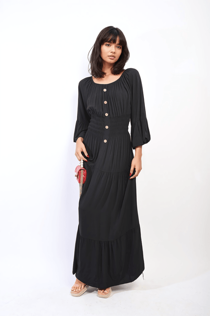 Leah Ruffle Hem Sleeve Shirred Waist Tiered Maxi Dress - Pinkpie