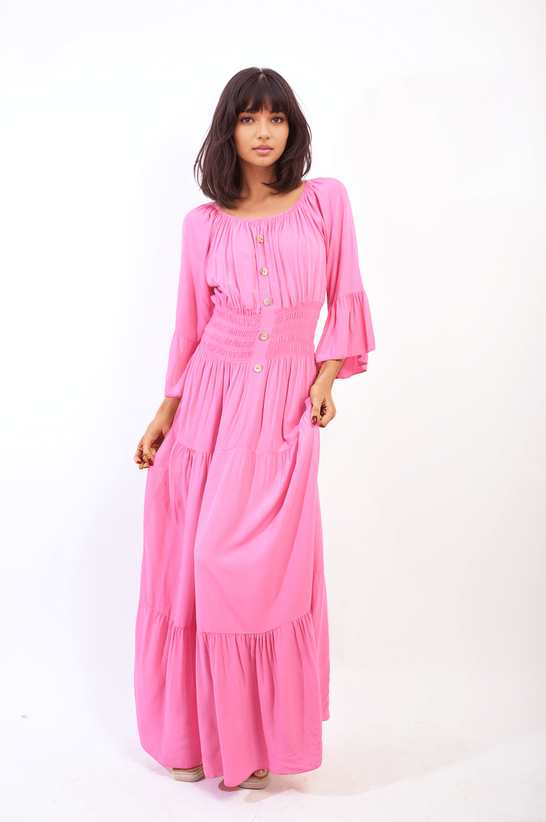 Leah Ruffle Hem Sleeve Shirred Waist Tiered Maxi Dress - Pinkpie