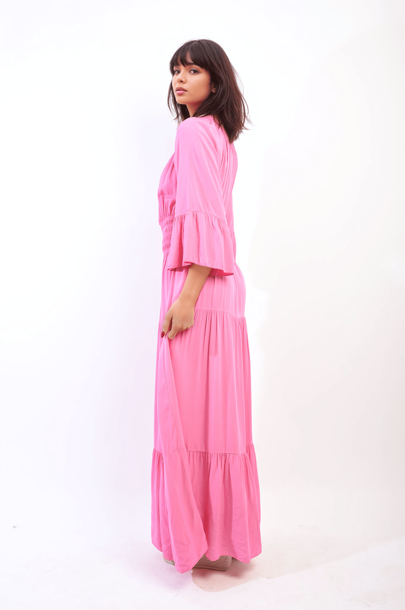 Leah Ruffle Hem Sleeve Shirred Waist Tiered Maxi Dress - Pinkpie