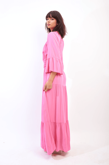 Leah Ruffle Hem Sleeve Shirred Waist Tiered Maxi Dress - Pinkpie