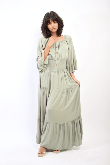 Leah Ruffle Hem Sleeve Shirred Waist Tiered Maxi Dress - Pinkpie