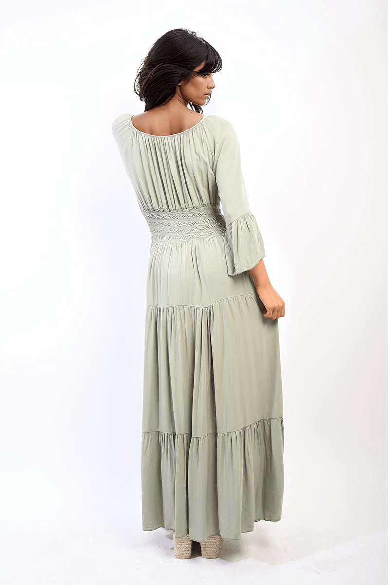 Leah Ruffle Hem Sleeve Shirred Waist Tiered Maxi Dress - Pinkpie