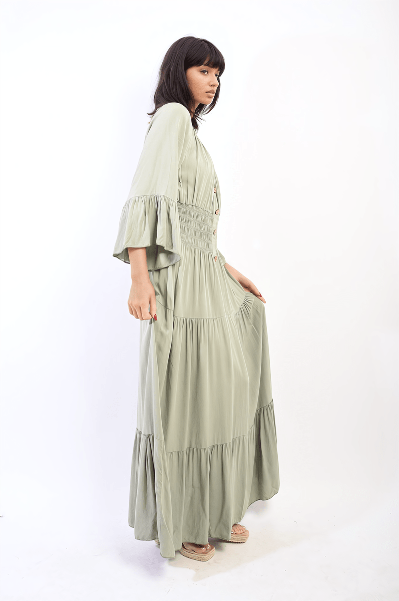 Leah Ruffle Hem Sleeve Shirred Waist Tiered Maxi Dress - Pinkpie