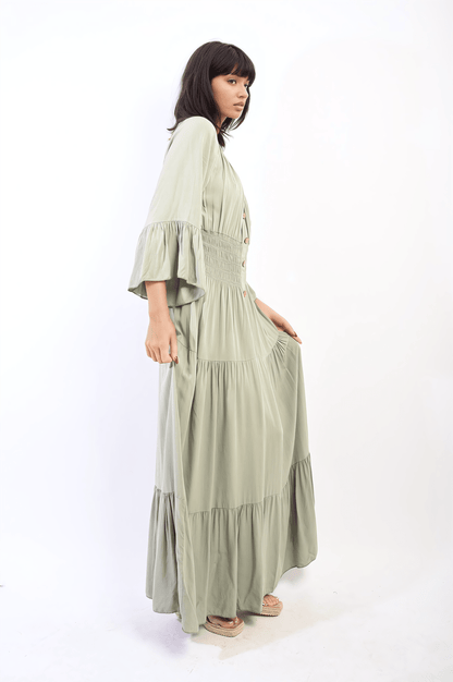 Leah Ruffle Hem Sleeve Shirred Waist Tiered Maxi Dress - Pinkpie