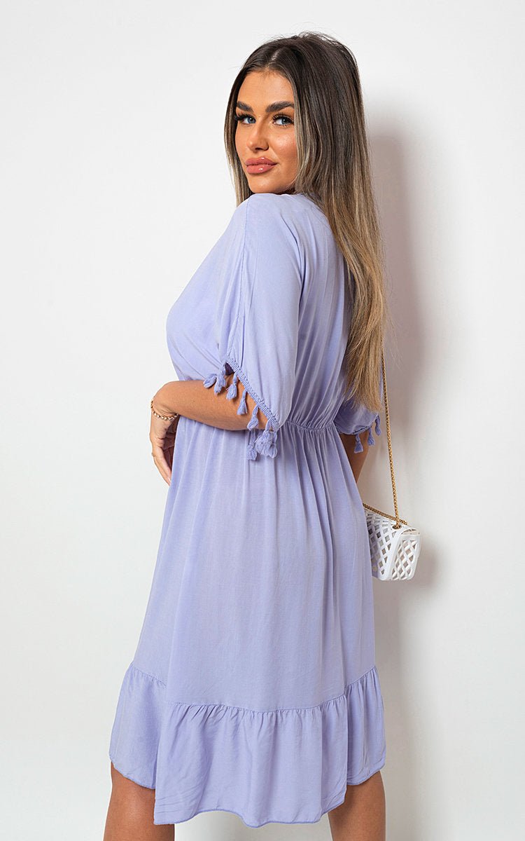 Maja V - Neck Short Sleeve Midi Dress with Tassel Detail - Pinkpie