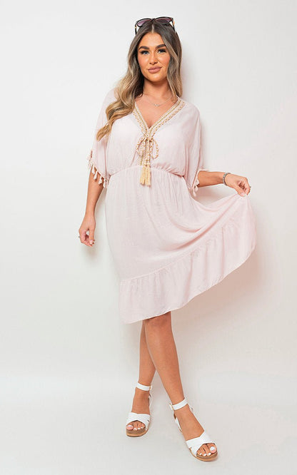 Maja V - Neck Short Sleeve Midi Dress with Tassel Detail - Pinkpie