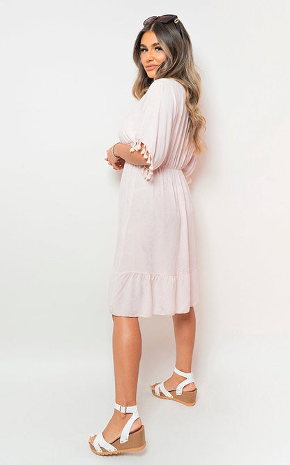 Maja V - Neck Short Sleeve Midi Dress with Tassel Detail - Pinkpie