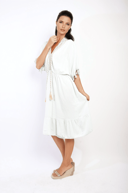 Maja V - Neck Short Sleeve Midi Dress with Tassel Detail - Pinkpie