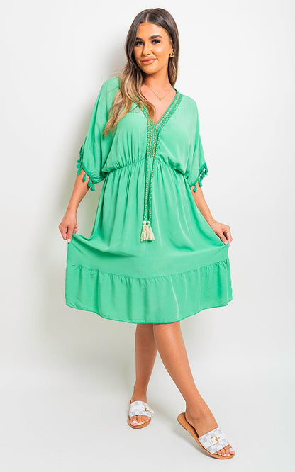 Maja V - Neck Short Sleeve Midi Dress with Tassel Detail - Pinkpie