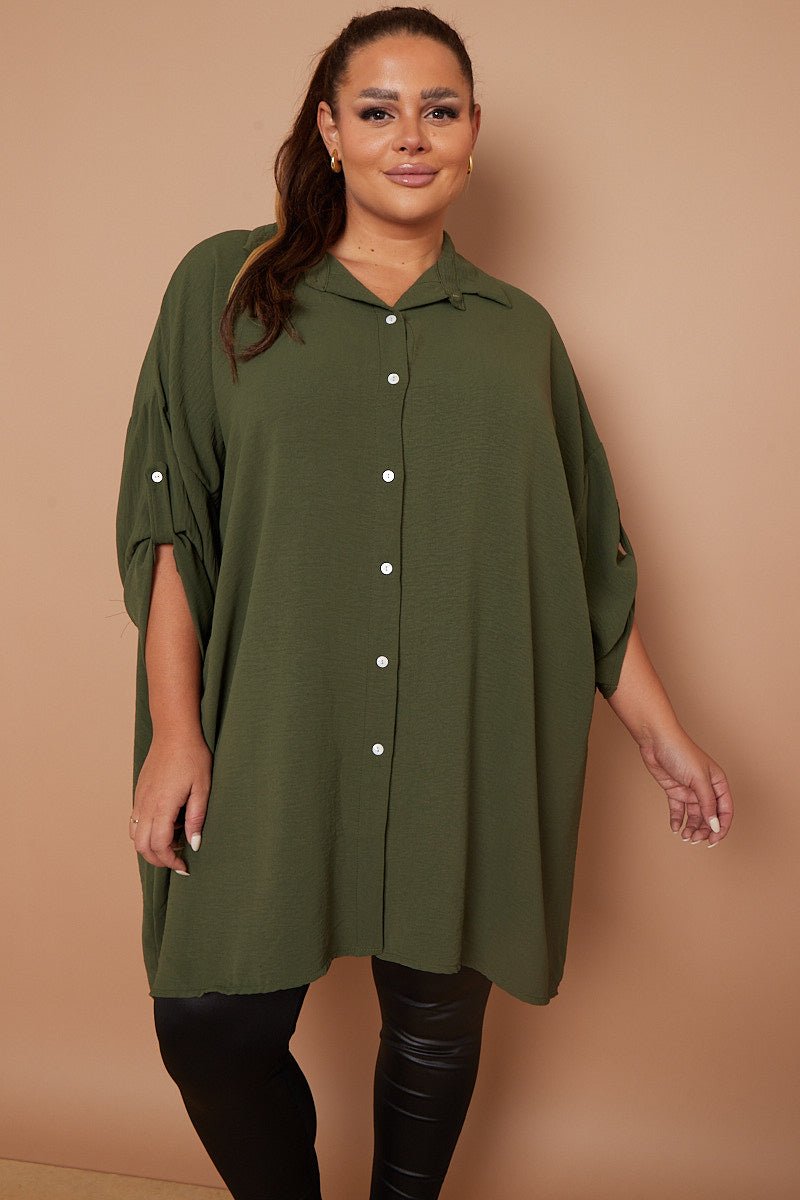 Myra PLUS SIZE Khaki Button Through 3/4 Sleeves Mid Length Shirt - Pinkpie