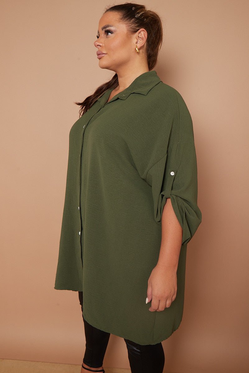 Myra PLUS SIZE Khaki Button Through 3/4 Sleeves Mid Length Shirt - Pinkpie