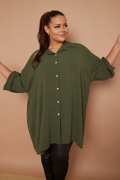 Myra PLUS SIZE Khaki Button Through 3/4 Sleeves Mid Length Shirt - Pinkpie