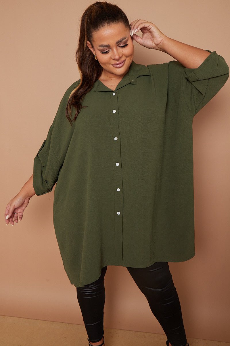 Myra PLUS SIZE Khaki Button Through 3/4 Sleeves Mid Length Shirt - Pinkpie