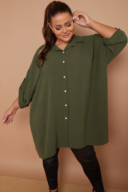 Myra PLUS SIZE Khaki Button Through 3/4 Sleeves Mid Length Shirt - Pinkpie