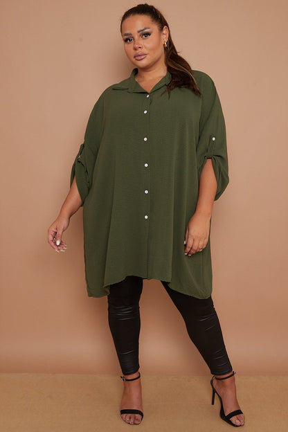 Myra PLUS SIZE Khaki Button Through 3/4 Sleeves Mid Length Shirt - Pinkpie