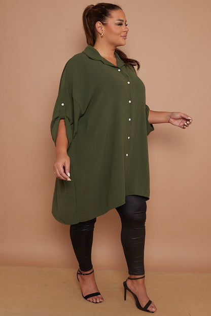 Myra PLUS SIZE Khaki Button Through 3/4 Sleeves Mid Length Shirt - Pinkpie